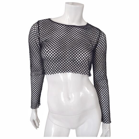 OUT FROM UNDER Black Fishnet Mesh Top Sz M Sheer Gothic Rocker Cropped Stretchy - Picture 1 of 6